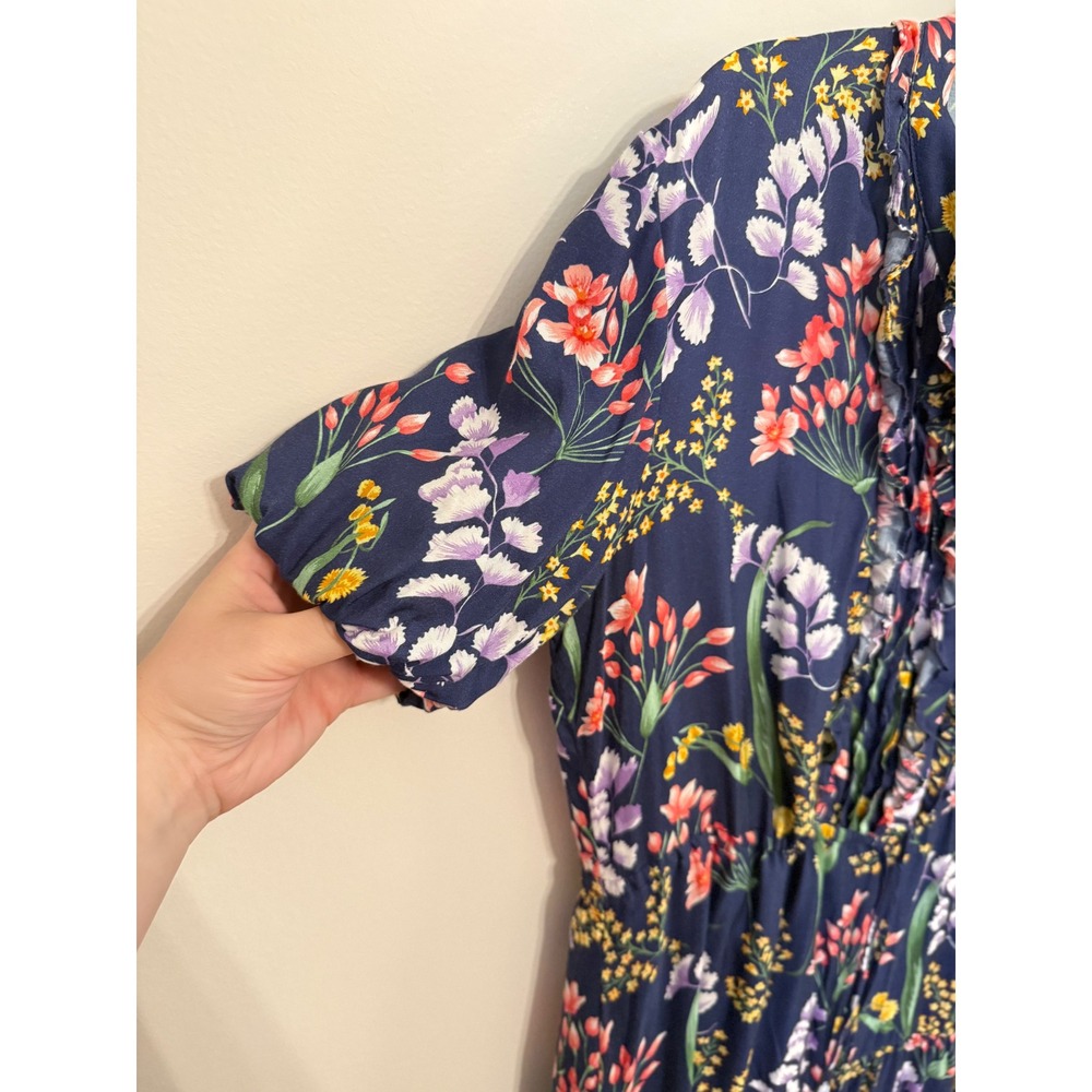 J.McLaughlin Silk Blend Floral Tiered Midi Dress Blue Ruffle Neck Pockets XL - Picture 8 of 12